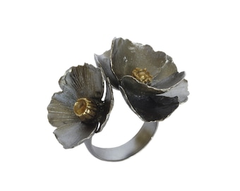 Poppy Flower Ring Oxidized Sterling Silver Double Sculptural Botanical Statement Ring
