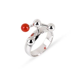 Architectural Ring in Sterling Silver with Carnelian, Abstract Geometric Ring with Red Gemstone image 1