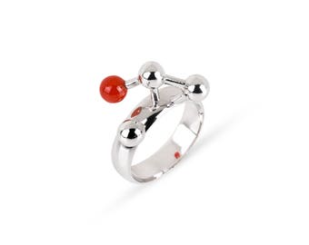 Architectural Ring in Sterling Silver with Carnelian, Abstract Geometric Ring with Red Gemstone
