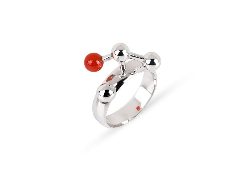 Architectural Ring in Sterling Silver with Carnelian, Abstract Geometric Ring with Red Gemstone image 1