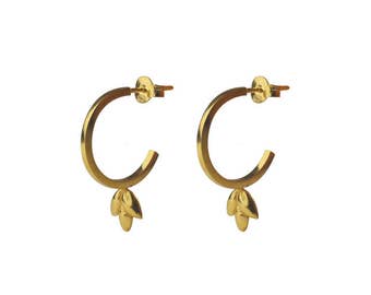 Floral Hoop Earrings 24kt Gold-plated Sterling Silver, Gold Hoop Earrings with Charm, Hoops with Studs