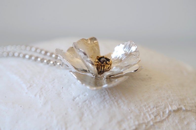 Gold and Silver Poppy Necklace, Flower Pendant in Sterling Silver, Personalized Gift for Woman, Realistic Poppy, Flower Pendant Light image 6