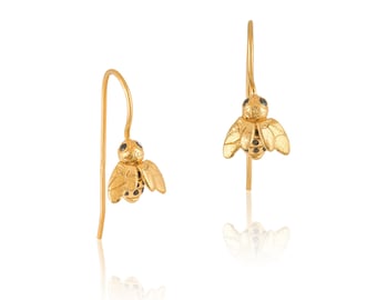 Bee Earrings Gold-plated Silver and Black CZ, Golden Dainty Bee Stud or Dangle, Bee with Stinger