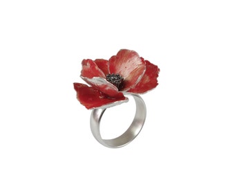 Bague coquelicot rouge en argent sterling, bague à fleurs statement, prête à être expédiée en US 6 1/2 et US 8