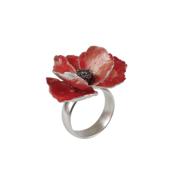 Bague coquelicot rouge en argent sterling, bague à fleurs statement, prête à être expédiée en US 6 1/2 et US 8