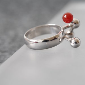 Architectural Ring in Sterling Silver with Carnelian, Abstract Geometric Ring with Red Gemstone image 4