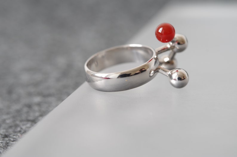 Architectural Ring in Sterling Silver with Carnelian, Abstract Geometric Ring with Red Gemstone image 4