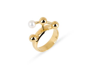 Geometric Ring in Gold-plated Silver with Pearl, Modern Spheres Ring, Design Jewelry