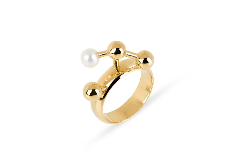 Geometric Ring in Gold-plated Silver with Pearl, Modern Spheres Ring, Design Jewelry image 1