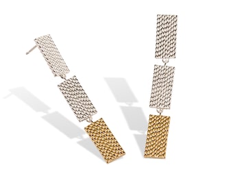 Long Articulated Earrings in Sterling Silver, Statement Geometric Stud Earrings Gold-plated Silver