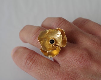 Poppy Ring in Gold-plated Sterling Silver, Statement Flower Ring, Ready to Ship in US 7 and US 7 1/2