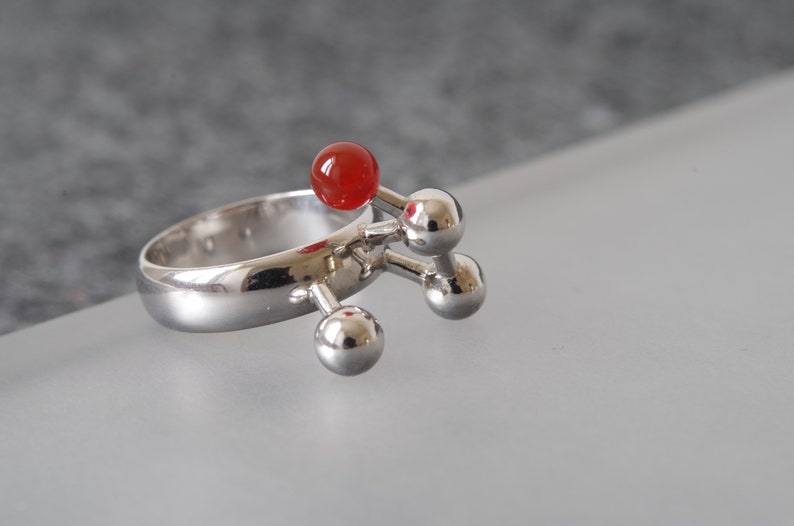 Architectural Ring in Sterling Silver with Carnelian, Abstract Geometric Ring with Red Gemstone image 8