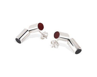 Cylinder Studs in Sterling Silver Onyx Carnelian, Architectural Earrings, Sterling Silver Tube Earrings with Gemstones