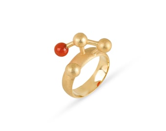 Gold-plated Silver Ring with Carnelian, Geometric Sterling Silver Ring, Sandblasted Finishing, Architectural Ring, Round Gemstone Ring