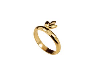 Stackable Gold Ring with Floral Design, 24kt Gold-plated Sterling Silver, Small Leaves Ring, Delicate Gold Ring, Art Deco Engagement Ring