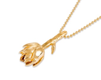 Artichoke Pendant Necklace, Long Ball Chain Necklace in Sterling Silver or Gold-plated