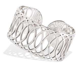 Statement Cuff Bracelet in Rhodium-plated Sterling Silver, Large Geometric Rigid Bracelet