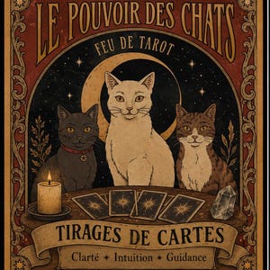 May include: A rectangular poster titled LE POUVOIR DES CHATS FEU DE TAROT featuring three cats sitting behind a table with four tarot cards, a lit candle, and a crystal. The text TIRAGES DE CARTES, Clarté, Intuition, and Guidance is visible.