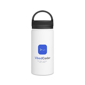 May include: A white cylindrical water bottle with a black screw-on lid featuring a carry handle. The front displays a blue square icon with a white terminal prompt symbol and the text VibedCoder No code reviews. Just vibes.