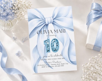 Blue Coquette 10th Birthday Invitation Template 10 Year Old Girl Birthday Invitation Girl Tenth Blue Bow Birthday Evite Teen Birthday Party