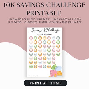 May include: Printable 10K Savings Challenge with a weekly tracker. The design features a savings chart with amounts ranging from $110 to $250, a piggy bank, and a jar of coins. The text reads "Print at Home."