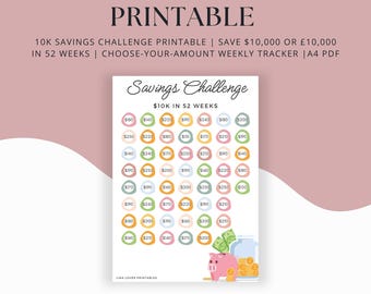 10K Savings Challenge Printable: Weekly Tracker (US & UK Versions) (PDF)