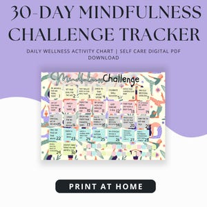 30-Day Mindfulness Challenge Tracker | Printable Mental Health Journal | Daily Wellness Activity Chart | Self Care Digital PDF Download