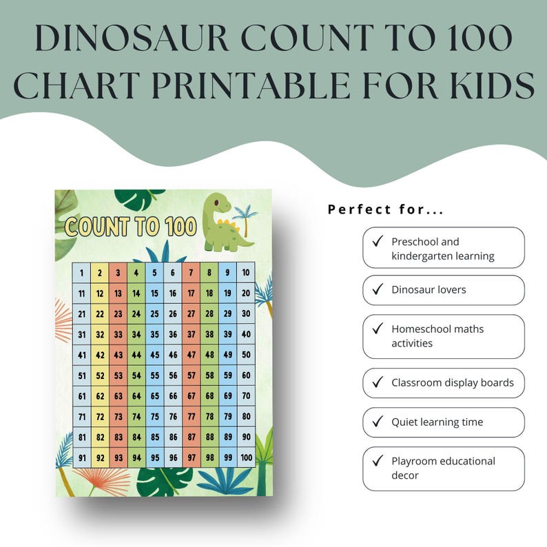 Dinosaur Count to 100 Chart, Kids Math Learning Poster (PDF) - Etsy