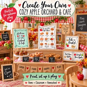 Puede incluir: Un set de juego imprimible para una huerta y cafetería de manzanas con letreros, un menú con precios en libras y etiquetas. El set incluye un cartel de bienvenida, un menú con dulces de manzana y pequeñas pizarras para marcar precios.