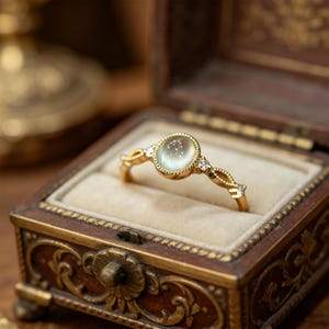 May include: A gold ring featuring a central round, pale green cabochon gemstone set in a beaded bezel. The band is crafted from gold with a delicate, openwork design on each side, accented by small, clear, round-cut stones embedded in the metal.