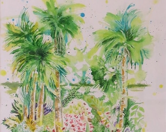 Original Watercolor ~  "Palms in a  Garden" ~ Botanical series