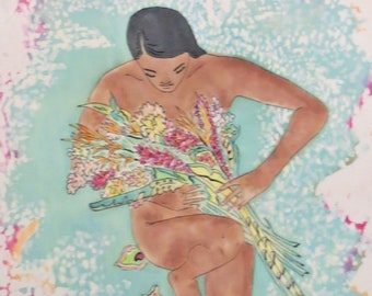 Archival Prints of Batik painting ~  "Island Girl Holding Bouquet"  ~ Vintage Caribbean series.