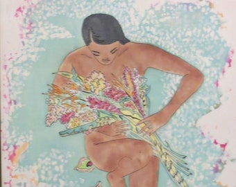Original Batik Painting on Silk ~ "Island Girl Holding Bouquet" ~  Vintage Caribbean.