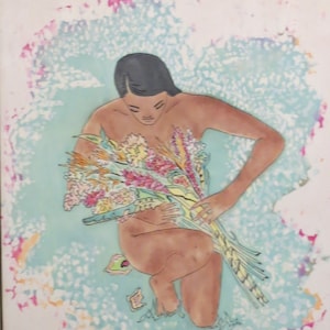 Caribbean Women ~ Original Batik Painting on Silk ~ &quot;Island Girl Holding Bouquet&quot; ~  Vintage Caribbean.