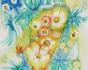 Original Contemporary Watercolor ~ "Chagall's Garden"  ~ Botanical series