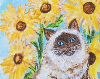Original Acrylic Pet Portrait and Floral ~ "Birman Kitty & Sunflowers".