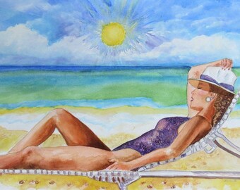 Archival Prints of Original Watercolor ~  "Siesta Key Sunbather ~ Florida Gulf Coast