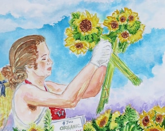 Original Watercolor ~ "Sunflower Vendor at Farmers Market" ~  Matted   ~ Florida Gulf Coast series