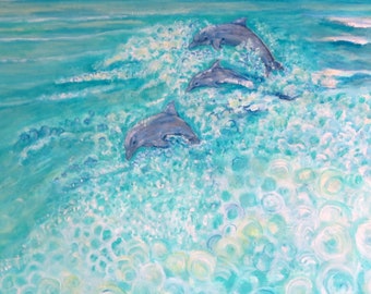 Original Acrylic ~ "Dolphins Playing in the Gulf"  ~ Florida Gulf Coast series.