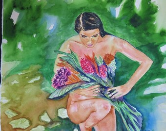 Archival Prints from Original Watercolor ~ "Island Girl holding Bouquet"  ~ Vintage Caribbean series