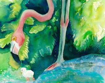 Archival Prints of Watercolor ~  Flamingo and Chick "Mom and Me"  ~ Florida Gulf Coast series