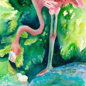 FL Gulf Coast ~ Archival Prints of Watercolor ~ &quot;Mom & Me&quot; , Flamingo and Her Chick at Sarasota&#39;s Jungle Gardens.