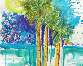 Original  Watercolor   ~ "Sun Splashed Palms"  ~ Florida Gulf Coast series