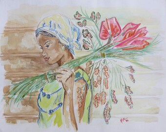 Original Watercolor ~ " Martinique Market Girl"  ~  Vintage Caribbean series