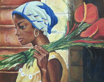 Original Acrylic ~ " Martinique Market Girl with Anthuriums"  ~ Vintage Caribbean series.