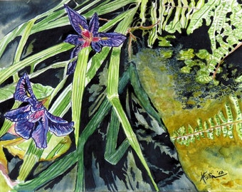 Two Purple Water Iris : Archival Prints reproduced from Original Watercolor~ 8 X 10, 11 X 14, 16 X 20 & 20 X 30 ~ Zen Water Garden series