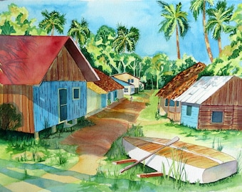 Original Costa Rica Watercolor ~  "Caribbean Coastal Village" ~ Vintage.
