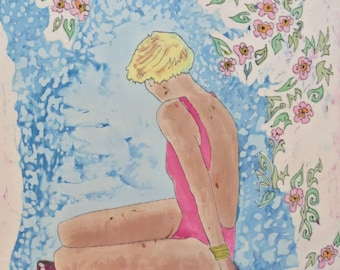 Original Batik on Silk  ~ "Blonde Beach  Babe, St Croix "  ~Vintage Caribbean series.