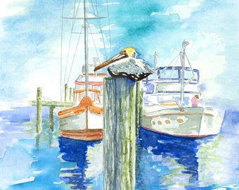 Archival Prints of Watercolor ~ "The Dockmaster" ( Pelican at Boca Grande Marina) ~ Gulf Coast series