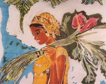 Canvas Giclee of Original Batik ~ "Martinique Market Girl "~  16" X 20" ~ Vintage Caribbean series